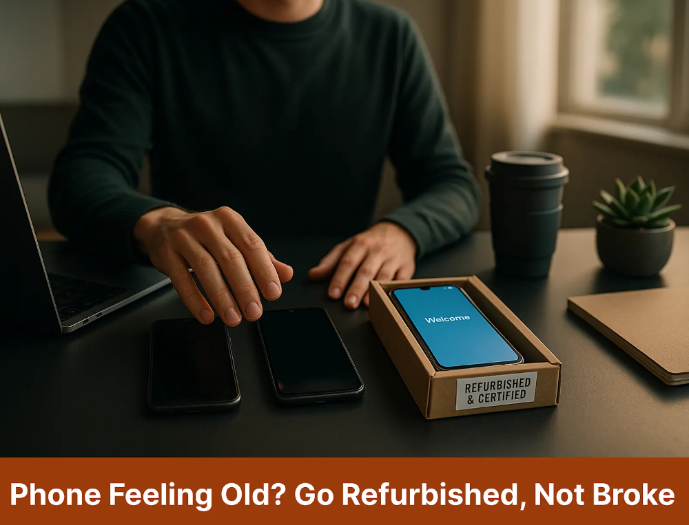 Refurbished smartphone in eco-friendly packaging beside a gently used phone on a modern desk with natural lighting and sustainable lifestyle elements